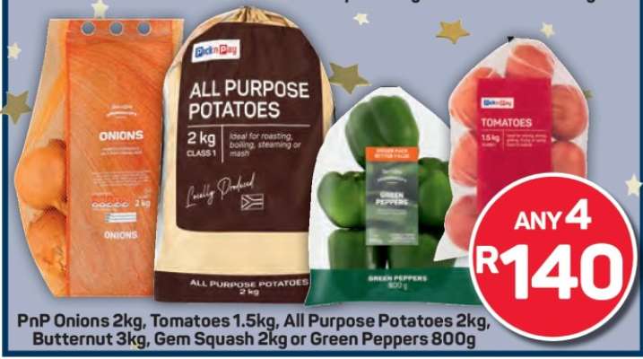 PnP Onions 2kg, Tomatoes 1.5kg, All Purpose Potatoes 2kg, Butternut 3kg, Gem Squash 2kg or Green Peppers 800g