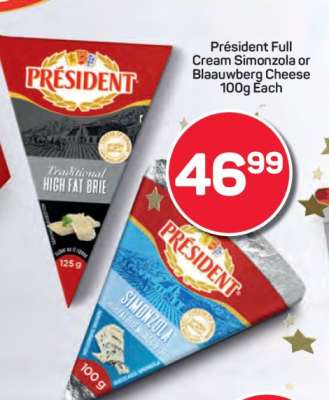 Président Full Cream Simonzola or Blaauwberg Cheese 100g Each