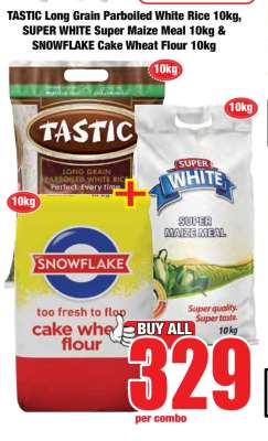TASTIC Long Grain Parboiled White Rice 10kg, SUPER WHITE Super Maize Meal 10kg & SNOWFLAKE Cake Wheat Flour 10kg