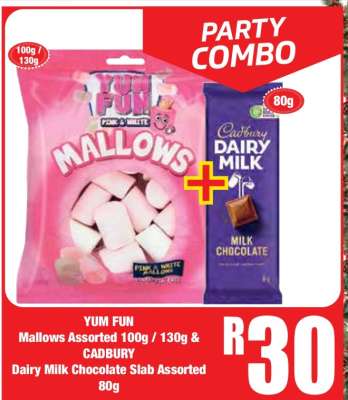 YUM FUN Mallows Assorted 100g / 130g & CADBURY Dairy Milk Chocolate Slab Assorted 80g