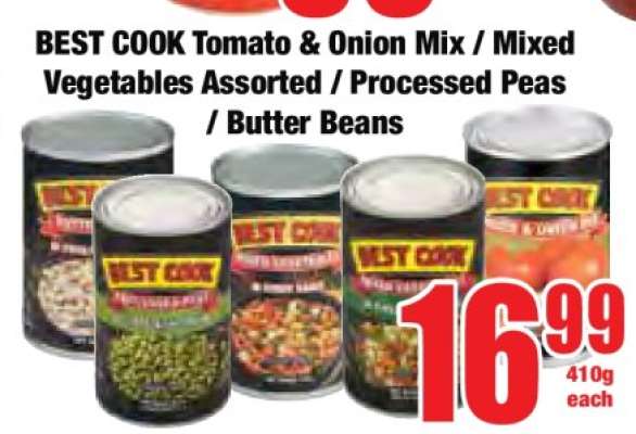 BEST COOK Tomato & Onion Mix / Mixed Vegetables Assorted / Processed Peas / Butter Beans