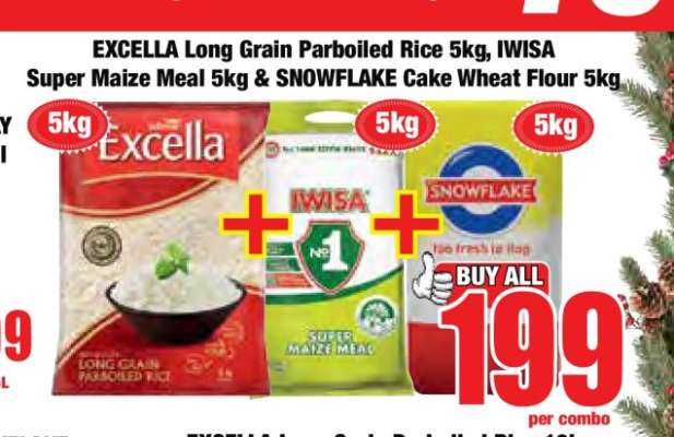 EXCELLA Long Grain Parboiled Rice 5kg, IWISA Super Maize Meal 5kg & SNOWFLAKE Cake Wheat Flour 5kg