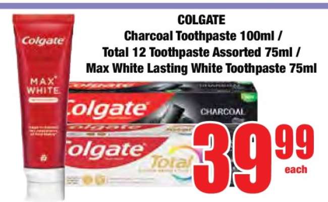 COLGATE Charcoal Toothpaste 100ml / Total 12 Toothpaste Assorted 75ml / Max White Lasting White Toothpaste 75ml