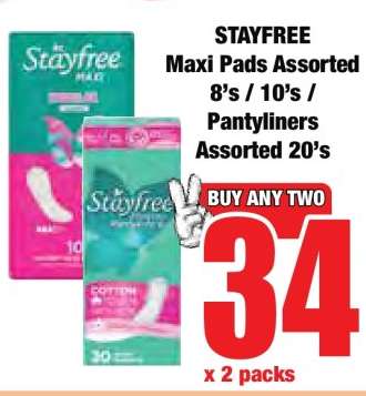 STAYFREE Maxi Pads Assorted 8's / 10's / Pantyliners Assorted 20's