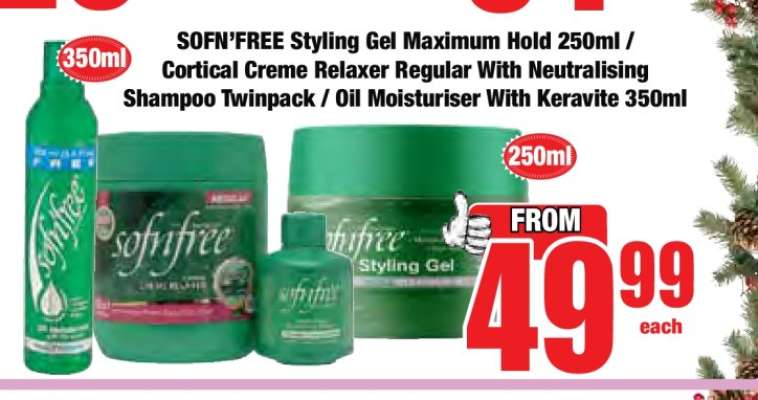 SOFN’FREE Styling Gel Maximum Hold 250ml / Cortical Creme Relaxer Regular With Neutralising Shampoo Twinpack / Oil Moisturiser With Keravite 350ml