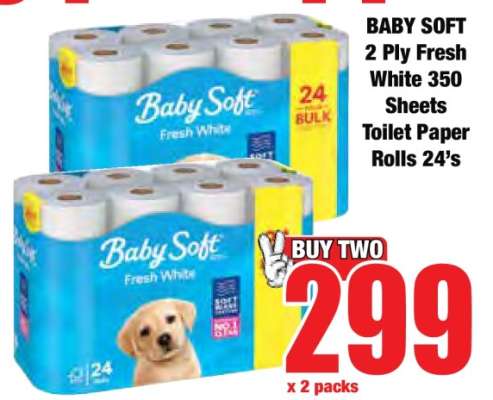BABY SOFT 2 Ply Fresh White 350 Sheets Toilet Paper Rolls 24's