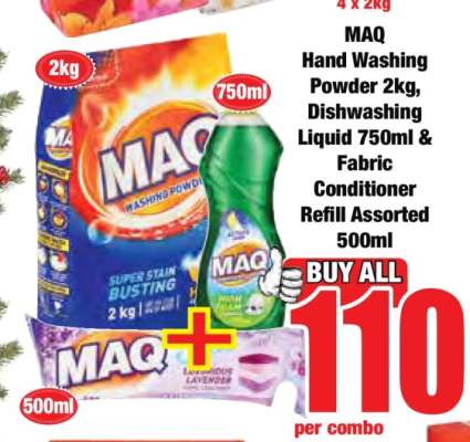 MAQ Hand Washing Powder 2kg, Dishwashing Liquid 750ml & Fabric Conditioner Refill Assorted 500ml