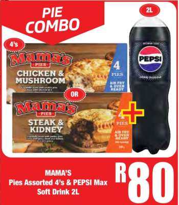 MAMA'S Pies Assorted 4's & PEPSI Max Soft Drink 2L