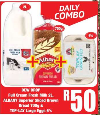 DEW DROP Full Cream Fresh Milk 2L, ALBANY Superior Sliced Brown Bread 700g & TOP-LAY Large Eggs 6's