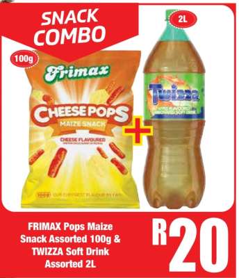 FRIMAX Pops Maize Snack Assorted 100g & TWIZZA Soft Drink Assorted 2L