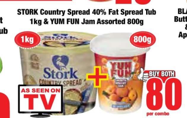 STORK Country Spread 40% Fat Spread Tub 1kg & YUM FUN Jam Assorted 800g