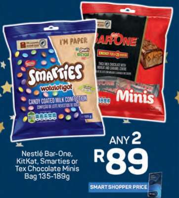 Nestlé Bar-One, KitKat, Smarties or Tex Chocolate Minis Bag 135-189g