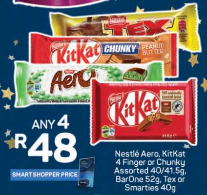 Nestlé Aero, KitKat 4 Finger or Chunky Assorted 40/41.5g, BarOne 52g, Tex or Smarties 40g