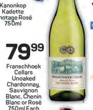 Franschhoek Cellars Unoaked Chardonnay, Sauvignon Blanc, Chenin Blanc or Rosé
