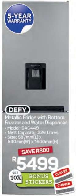 DEFY Metallic Fridge with Bottom Freezer and Water Dispenser