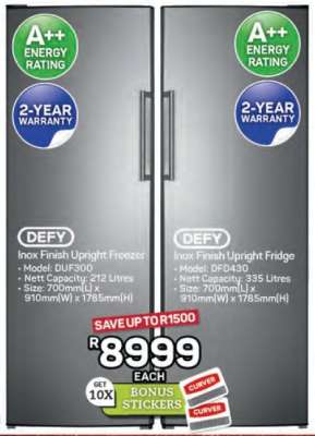 DEFY Inox Finish Upright Freezer and Fridge