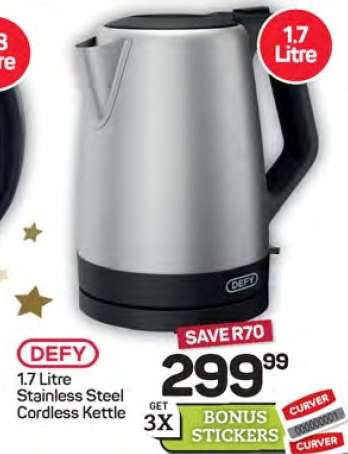 DEFY 1.7 Litre Stainless Steel Cordless Kettle