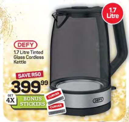 DEFY 1.7 Litre Tinted Glass Cordless Kettle