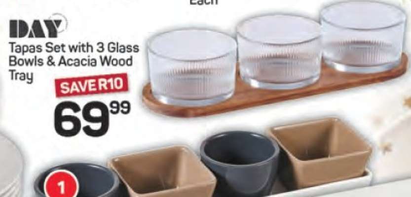 Tapas Set with 3 Glass Bowls & Acacia Wood Tray