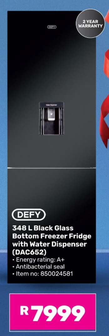 DEFY 348 L Black Glass Bottom Freezer Fridge with Water Dispenser (DAC652)