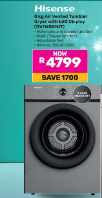 Hisense 8 kg Air Vented Tumbler Dryer with LED Display (DVM801UT)