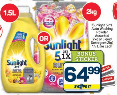 Sunlight 5in1 Auto Washing Powder or Liquid Detergent