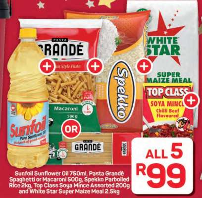 Sunfoil Sunflower Oil, Pasta Grandé, Spekko Parboiled Rice, Top Class Soya Mince, White Star Super Maize Meal