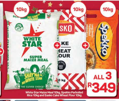 White Star Maize Meal 10kg, Spekko Parboiled Rice 10kg and Sasko Cake Wheat Flour 10kg