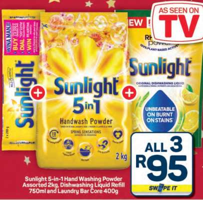 Sunlight 5-in-1 Hand Washing Powder Assorted 2kg, Dishwashing Liquid Refill 750ml and Laundry Bar Core 400g
