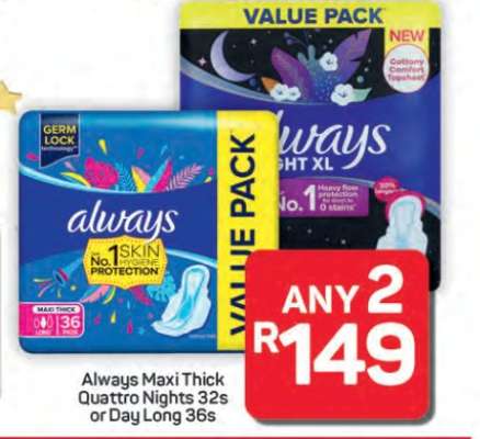 Always Maxi Thick Quattro Nights 32s or Day Long 36s