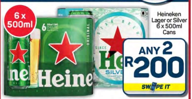 Heineken Lager or Silver 6 x 500ml Cans