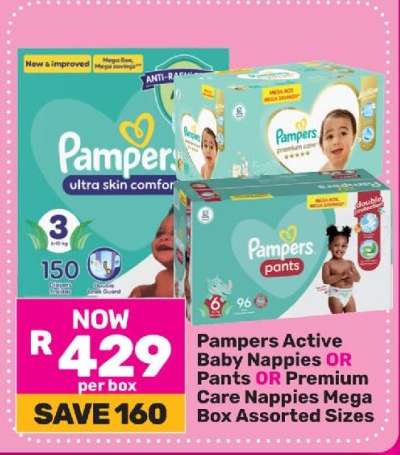Pampers Active Baby Nappies OR Pants OR Premium Care Nappies Mega Box Assorted Sizes