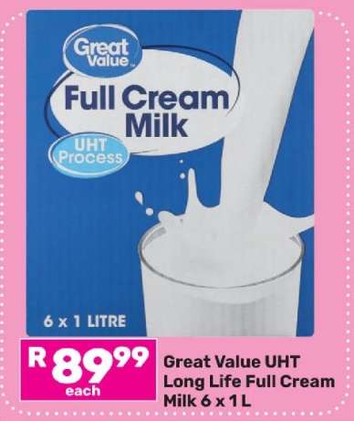 Great Value UHT Long Life Full Cream Milk-6 x 1L