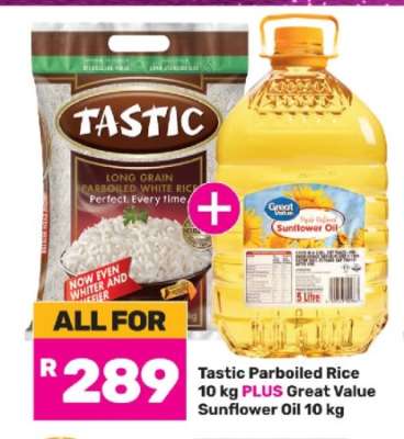 Tastic Parboiled Rice 10 kg PLUS Great Value Sunflower Oil 10 kg