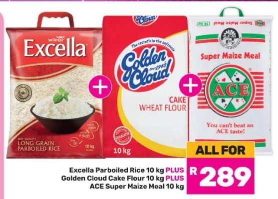Excella Parboiled Rice 10 kg PLUS Golden Cloud Cake Flour 10 kg PLUS ACE Super Maize Meal 10 kg