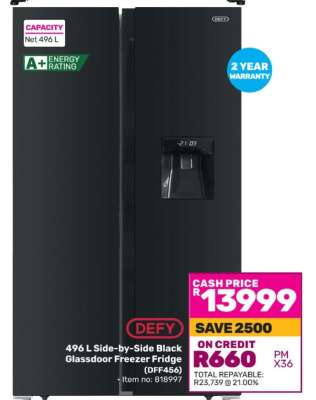 DEFY 496 L Side-by-Side Black Glassdoor Freezer Fridge (DFF456)