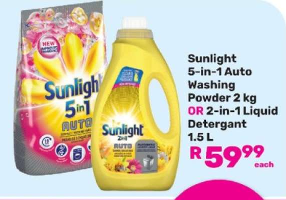 Sunlight 5-in-1 Auto Washing Powder 2 kg OR 2-in-1 Liquid Detergent 1.5 L