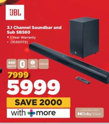 JBL 3.1 Channel Soundbar and Sub SB580