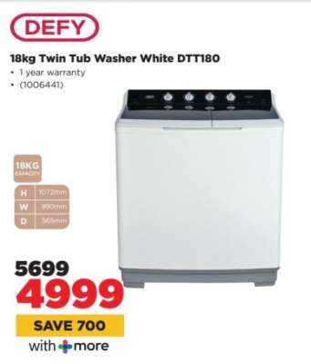 DEFY 18kg Twin Tub Washer White DTT180