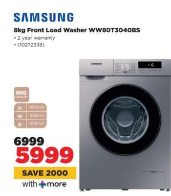 Samsung 8kg Front Load Washer WW80T3040BS