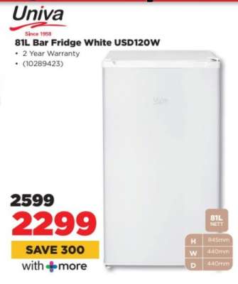Univa 81L Bar Fridge White USD120W