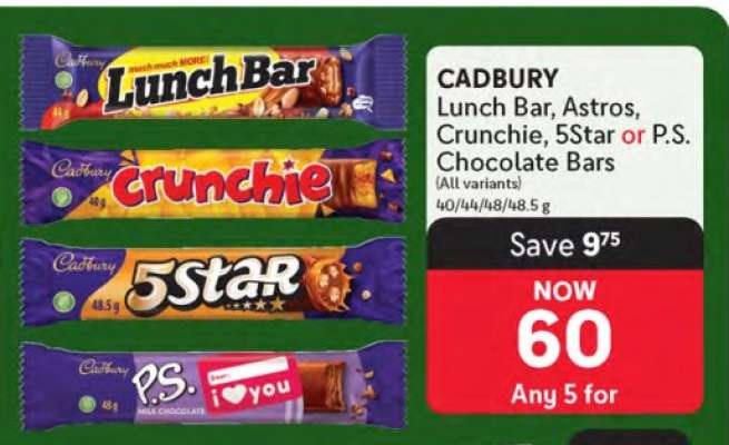 CADBURY Lunch Bar, Astros, Crunchie, 5Star or P.S. Chocolate Bars