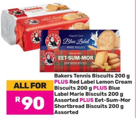 Bakers Tennis Biscuits 200 g PLUS Red Label Lemon Cream Biscuits 200 g PLUS Blue Label Marie Biscuits 200 g Assorted PLUS Eet-Sum-Mor Shortbread Biscuits 200 g Assorted