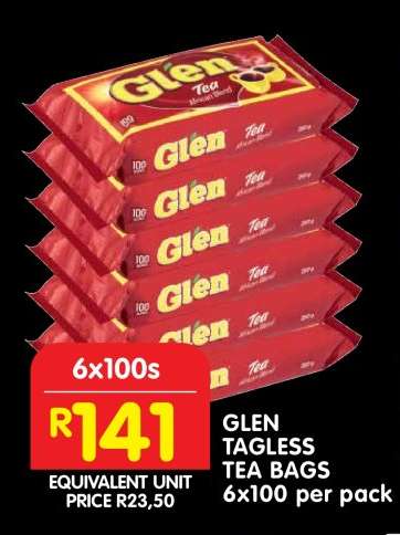 GLEN TAGLESS TEA BAGS 6x100 per pack
