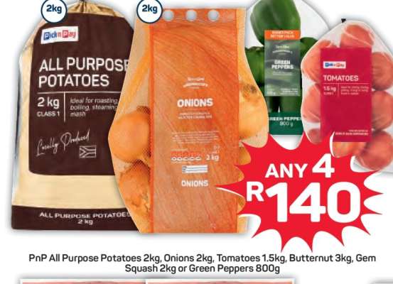 PnP All Purpose Potatoes 2kg, Onions 2kg, Tomatoes 1.5kg, Butternut 3kg, Gem Squash 2kg or Green Peppers 800g