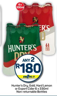 Hunter’s Dry, Gold, Hard Lemon or Export Cider 6 x 330ml