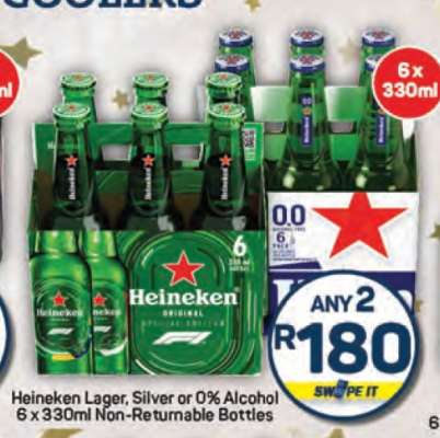 Heineken Lager, Silver or 0% Alcohol 6 x 330ml Non-Returnable Bottles