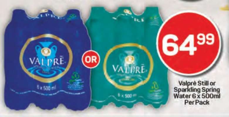 Valprè Still or Sparkling Spring Water 6 x 500ml Per Pack