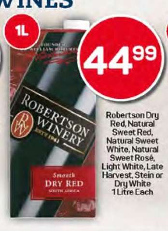 Robertson Dry Red, Natural Sweet Red, Natural Sweet White, Natural Sweet Rose, Light White, Late Harvest, Stein or Dry White