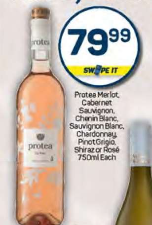 Protea Merlot, Cabernet Sauvignon, Chenin Blanc, Sauvignon Blanc, Chardonnay, Pinot Grigio, Shiraz or Rosé 750ml Each